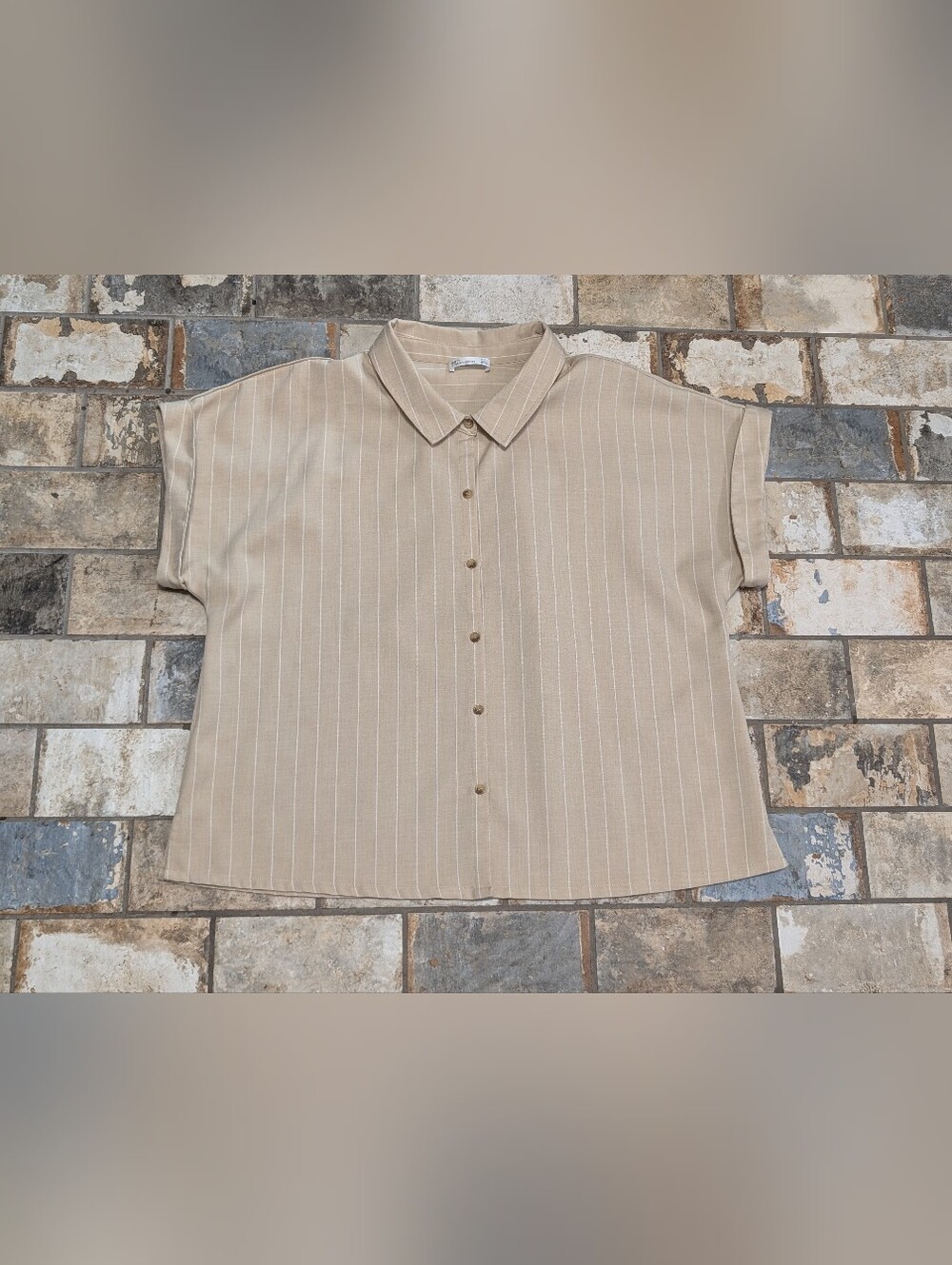 89th + Madison Beige White Pinstripe Cuffed Dolman Button-Down Top - Women's XL
